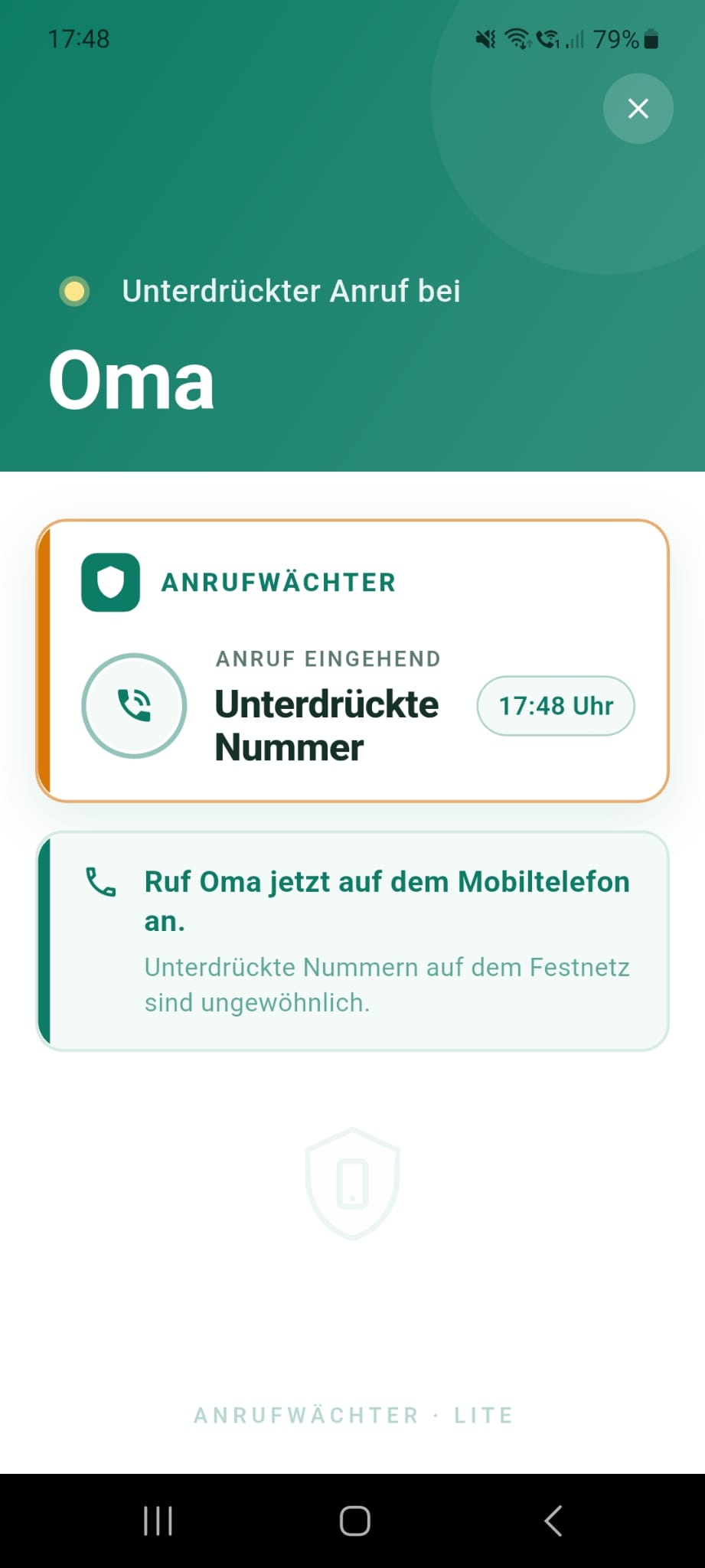 AnrufWächter Alert-Bildschirm zeigt unterdrückten Anruf bei Oma